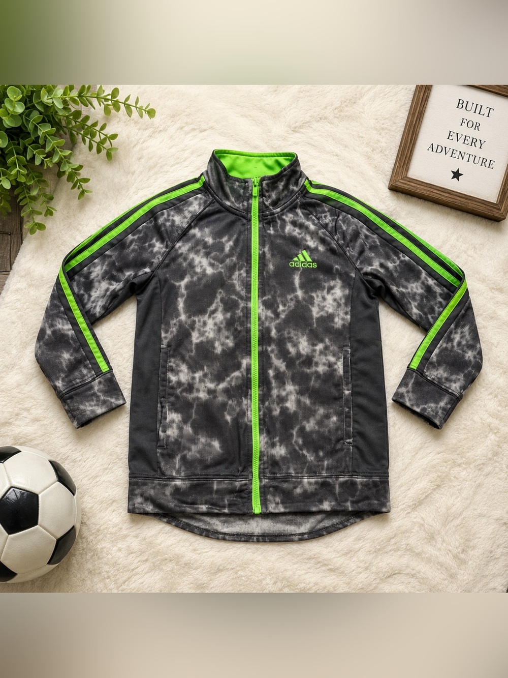 Adidas Boys Size 7 Gray Green Full Zip Track Jacket Athletic Zip Up Kids Sporty